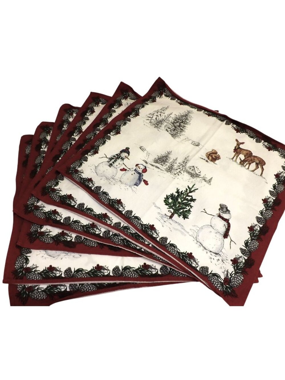 Williams Sonoma Winter Scene Cotton Napkins Set Of 6 Red & White Snowman & Deer